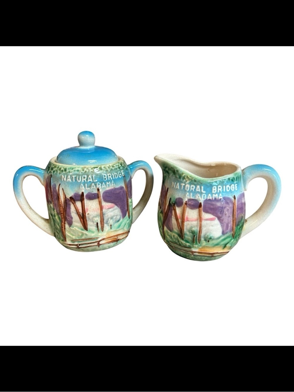 Vintage Natural Bridge Alabama Souvenir Set sugar bowl and creamer pitcher